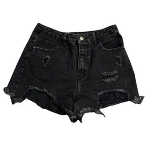 PrettyLittleThing Black High-Waisted Jean Shorts Size 10 | Distressed Raw Hem